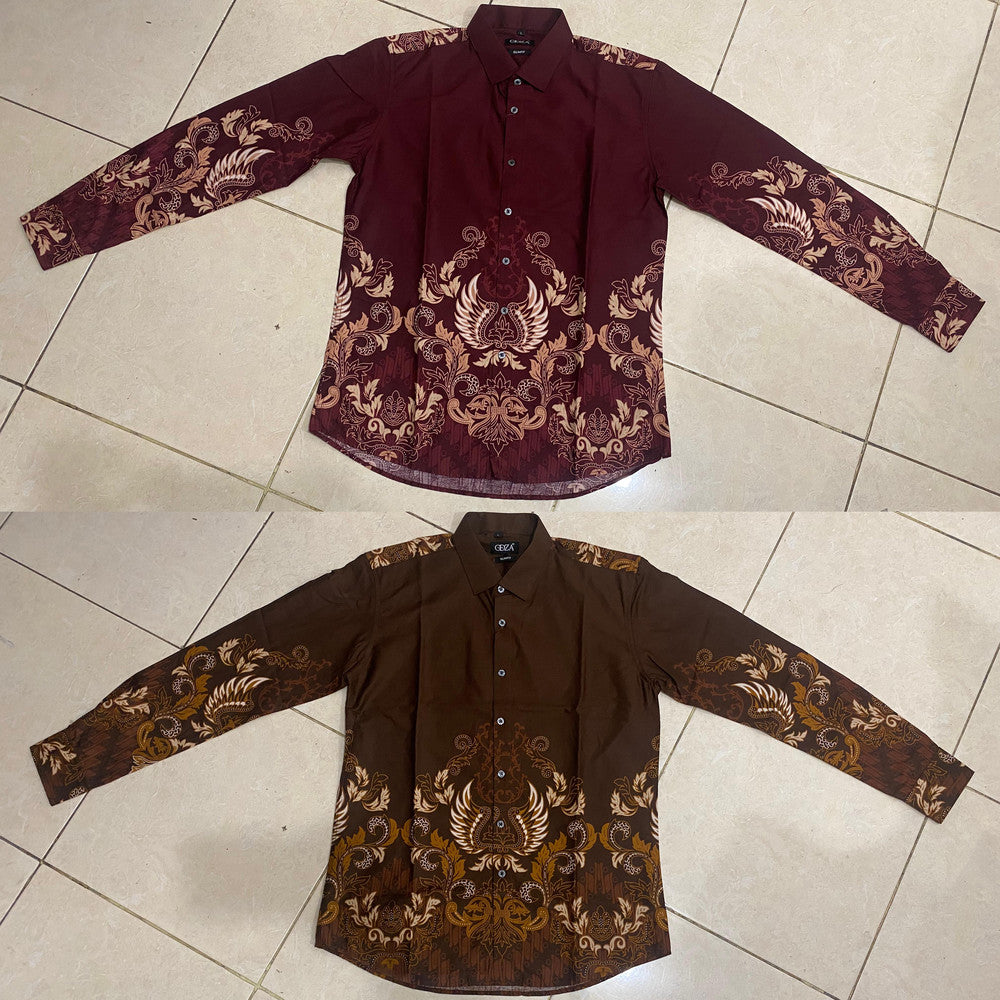 Odza Kemeja Batik Pria Slim Fit Lengan Panjang Katun Premium Baju Kerja Kondangan Kivandra Coklat Maroon