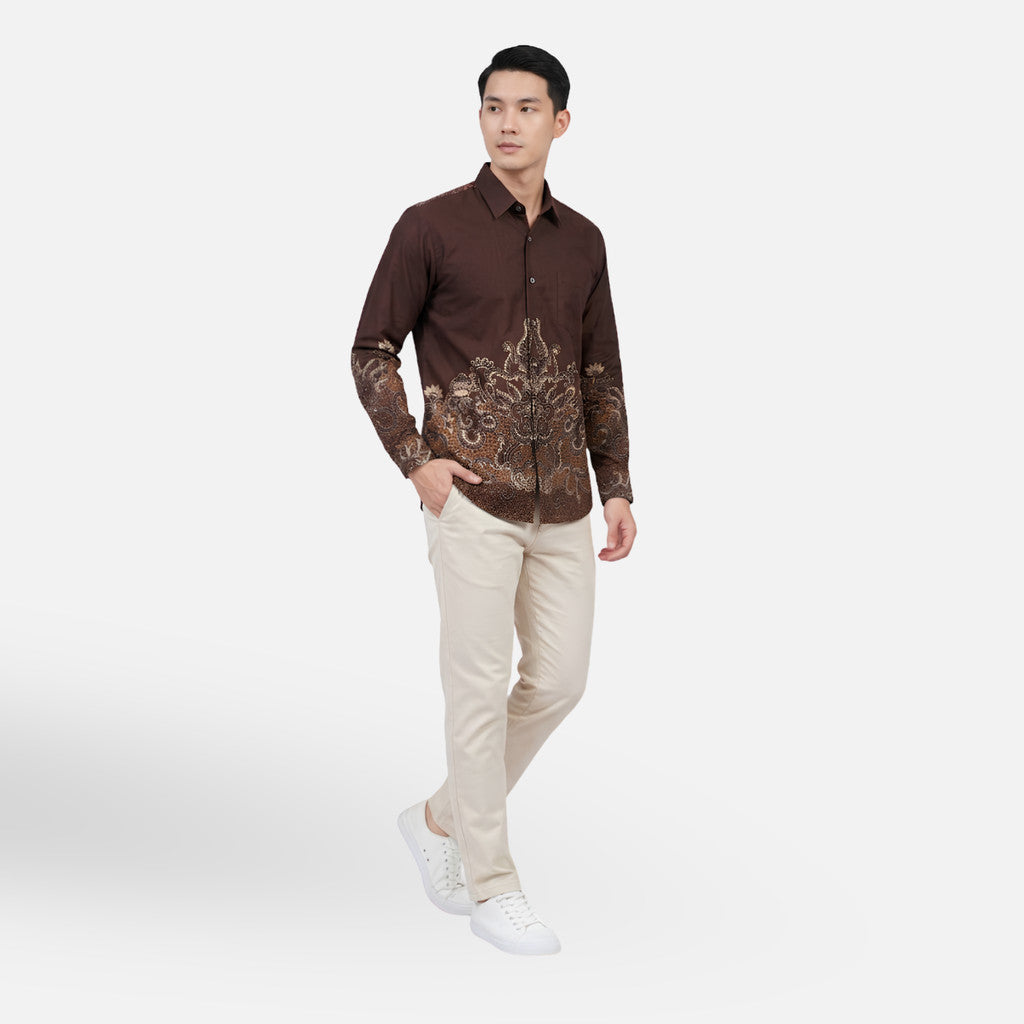 Odza Kemeja Batik Pria Slim Fit Lengan Panjang Katun Premium Baju Kerja Kondangan Askara Biru Tosca Coklat