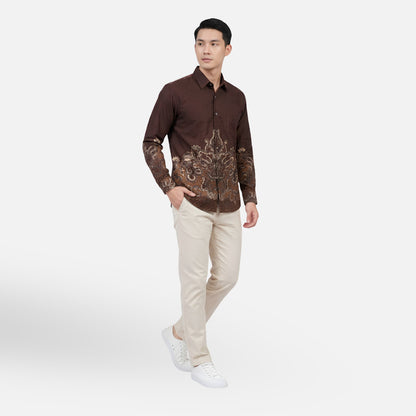 Odza Kemeja Batik Pria Slim Fit Lengan Panjang Katun Premium Baju Kerja Kondangan Askara Biru Tosca Coklat