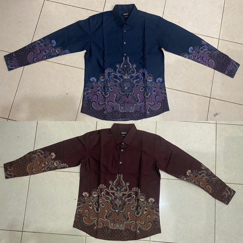 Odza Kemeja Batik Pria Slim Fit Lengan Panjang Katun Premium Baju Kerja Kondangan Druvira Coklat Biru Tosca