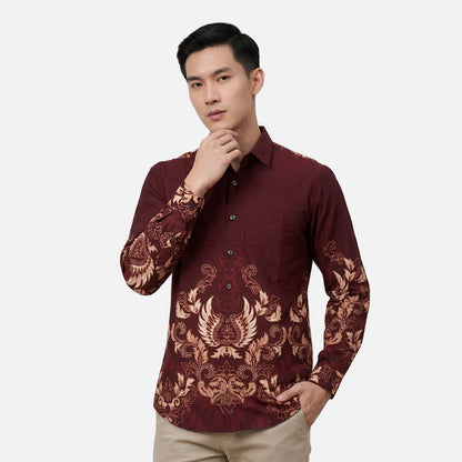 Odza Kemeja Batik Pria Slim Fit Lengan Panjang Katun Premium Baju Kerja Kondangan Kenzie Maroon Coklat