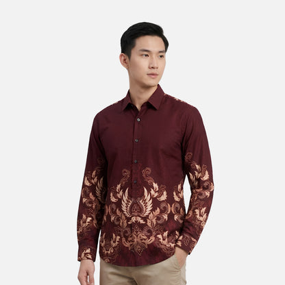 Odza Kemeja Batik Pria Slim Fit Lengan Panjang Katun Premium Baju Kerja Kondangan Kivandra Coklat Maroon