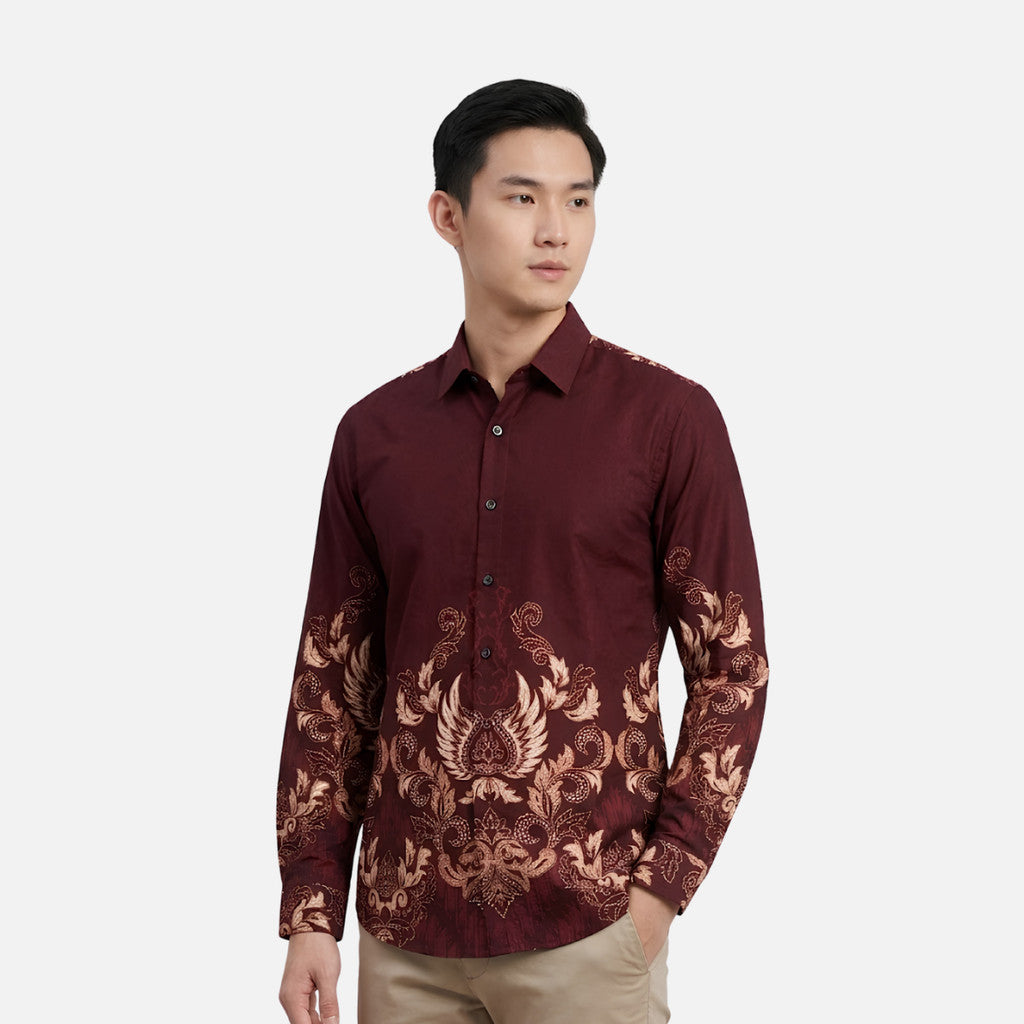 Odza Kemeja Batik Pria Slim Fit Lengan Panjang Katun Premium Baju Kerja Kondangan Kivandra Coklat Maroon