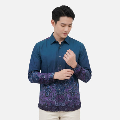 Odza Kemeja Batik Pria Slim Fit Lengan Panjang Katun Premium Baju Kerja Kondangan Askara Biru Tosca Coklat