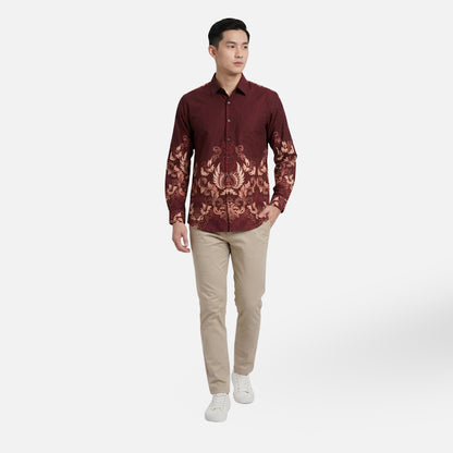 Odza Kemeja Batik Pria Slim Fit Lengan Panjang Katun Premium Baju Kerja Kondangan Kenzie Maroon Coklat