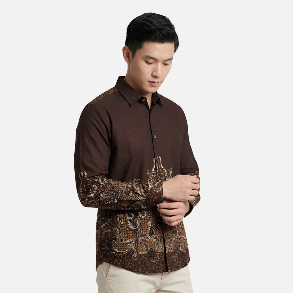 Odza Kemeja Batik Pria Slim Fit Lengan Panjang Katun Premium Baju Kerja Kondangan Askara Biru Tosca Coklat