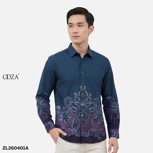Odza Kemeja Batik Pria Slim Fit Lengan Panjang Katun Premium Baju Kerja Kondangan Druvira Coklat Biru Tosca