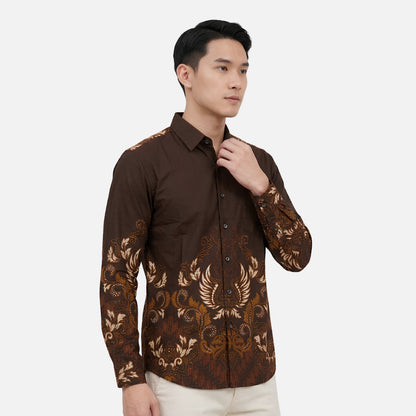 Odza Kemeja Batik Pria Slim Fit Lengan Panjang Katun Premium Baju Kerja Kondangan Kenzie Maroon Coklat