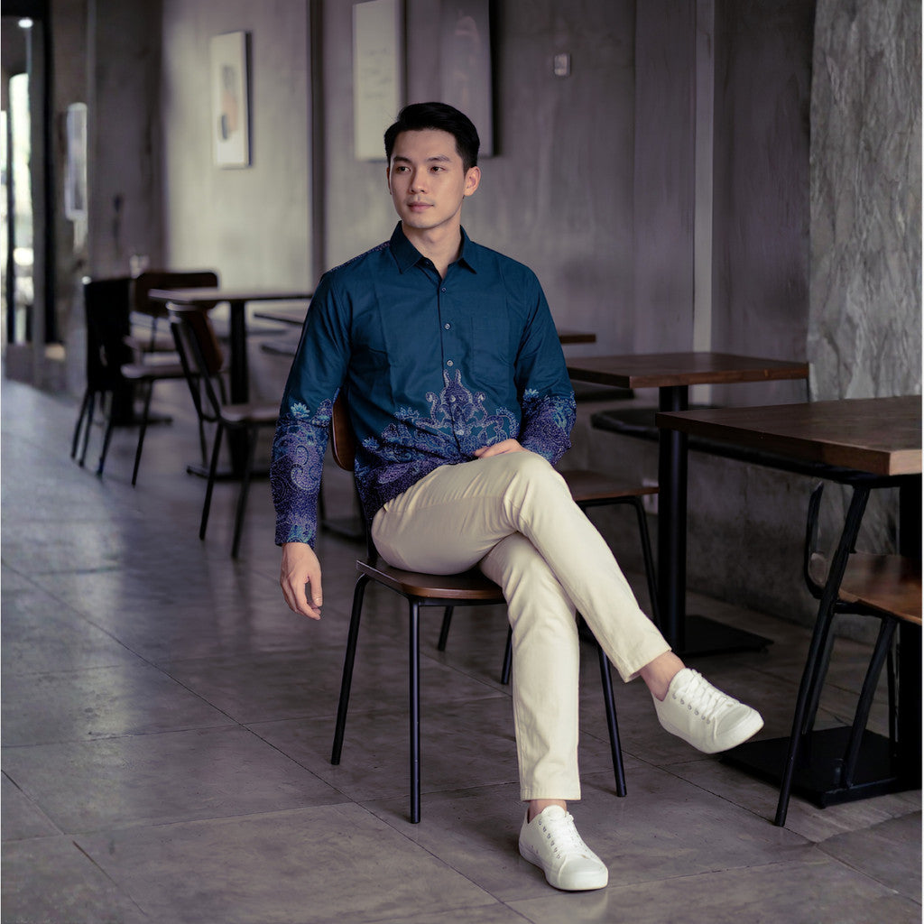 Odza Kemeja Batik Pria Slim Fit Lengan Panjang Katun Premium Baju Kerja Kondangan Askara Biru Tosca Coklat