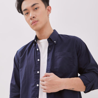 Odza Kemeja Kasual Polos Pria Lengan Panjang Katun Chambray Biru Navy