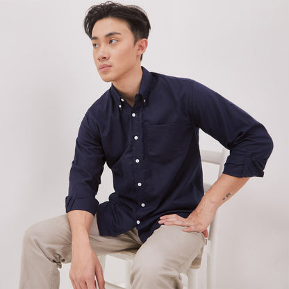 Odza Kemeja Kasual Polos Pria Lengan Panjang Katun Chambray Biru Navy