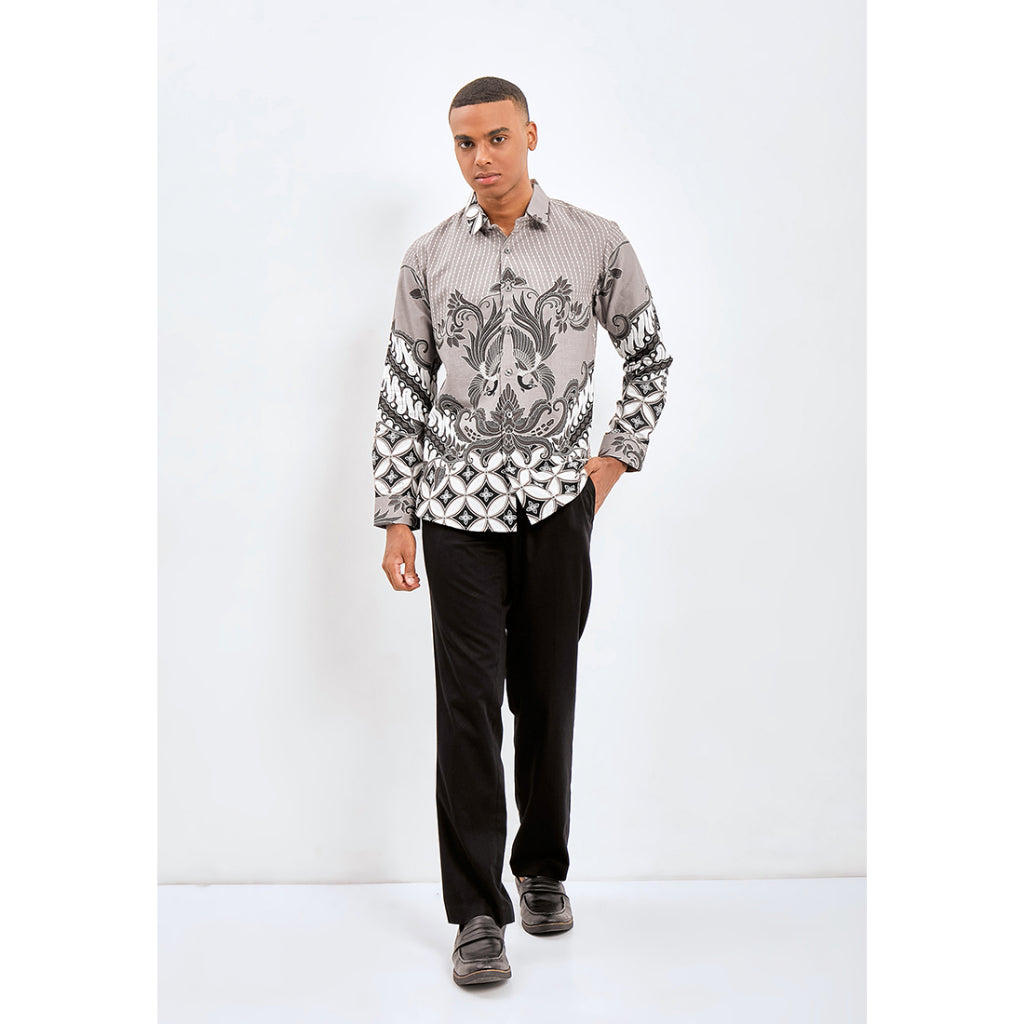Odza Kemeja Batik Pria Slim Fit Lengan Panjang Katun Premium Baju Kerja Kondangan Syiantara Krem