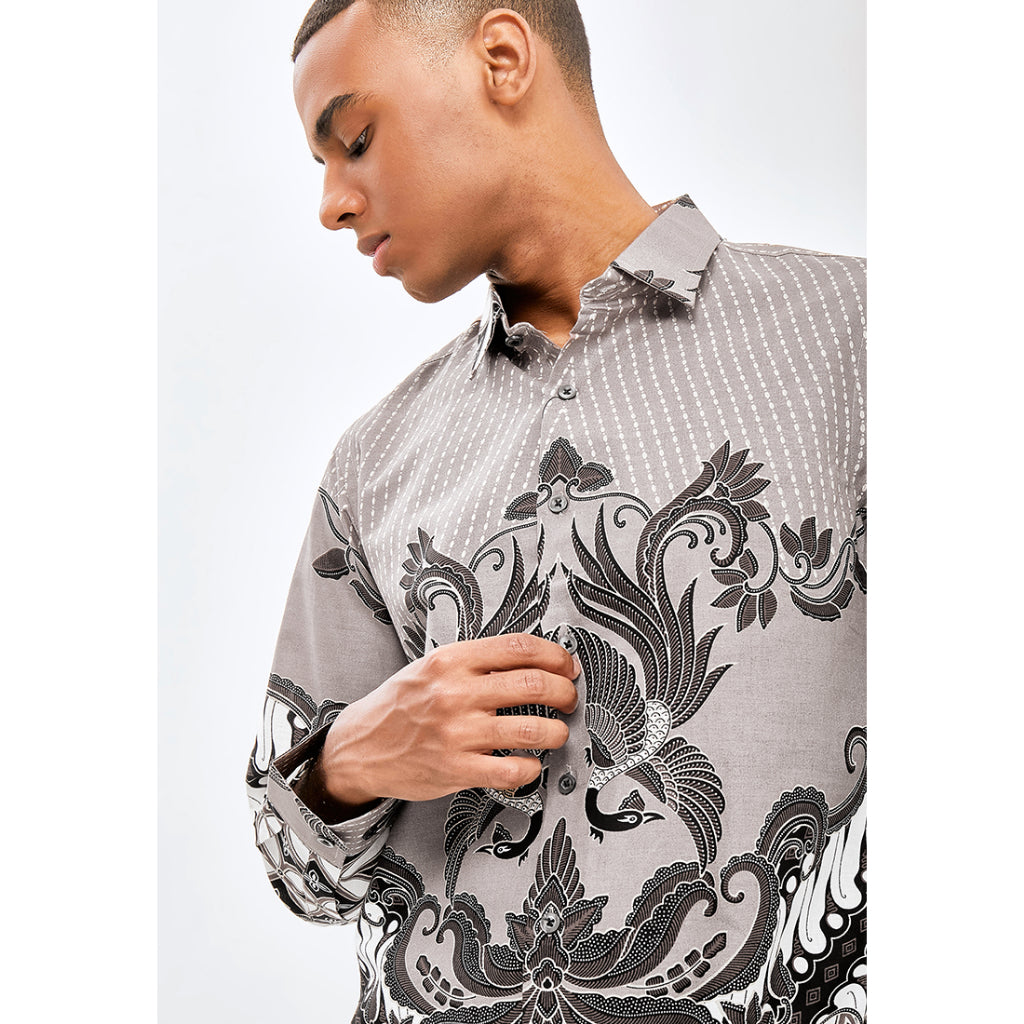 Odza Kemeja Batik Pria Slim Fit Lengan Panjang Katun Premium Baju Kerja Kondangan Syiantara Krem