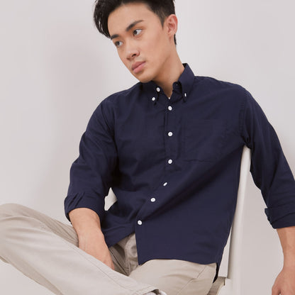 Odza Kemeja Kasual Polos Pria Lengan Panjang Katun Chambray Biru Navy