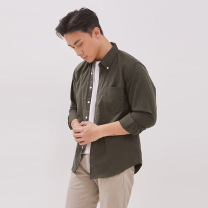 Odza Kemeja Kasual Polos Pria Lengan Panjang Katun Chambray Hijau