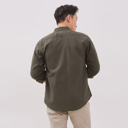 Odza Kemeja Kasual Polos Pria Lengan Panjang Katun Chambray Hijau