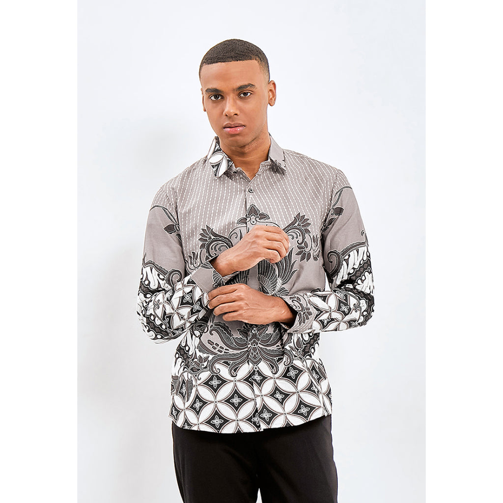 Odza Kemeja Batik Pria Slim Fit Lengan Panjang Katun Premium Baju Kerja Kondangan Syiantara Krem