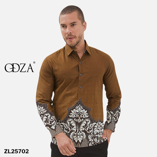 Odza Kemeja Batik Pria Lengan Panjang Modern Jumbo Regular Fit Coklat Parabawa