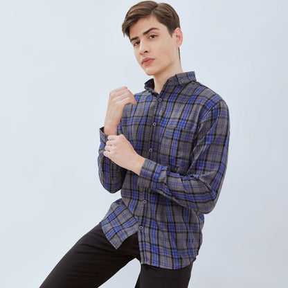 Odza Kemeja Flanel Pria Lengan Panjang Slim Fit Motif Kotak Abu-Biru