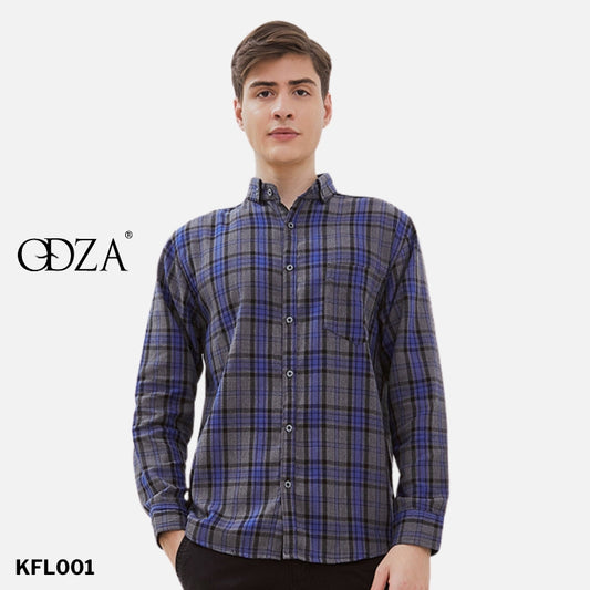 Odza Kemeja Flanel Pria Lengan Panjang Slim Fit Motif Kotak Abu-Biru