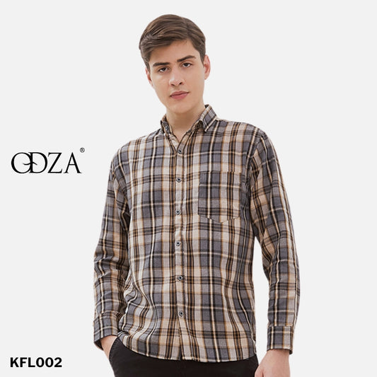 Odza Kemeja Flanel Pria Lengan Panjang Slim Fit Motif Kotak Abu-Kuning