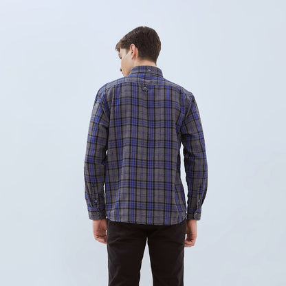 Odza Kemeja Flanel Pria Lengan Panjang Slim Fit Motif Kotak Abu-Biru