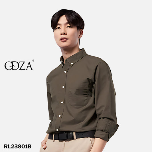 Odza Kemeja Kasual Polos Pria Lengan Panjang Katun Chambray Hijau