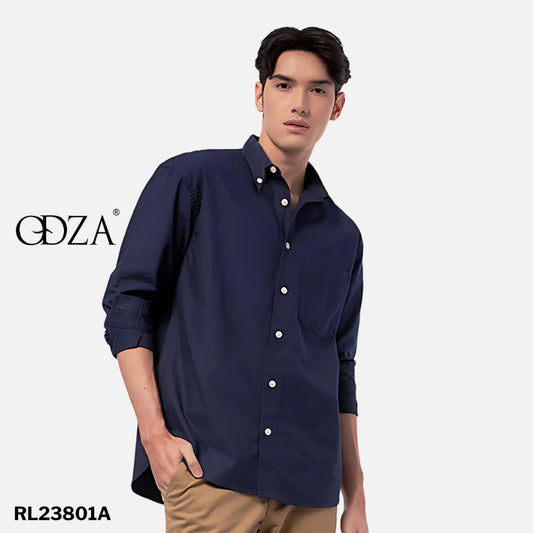Odza Kemeja Kasual Polos Pria Lengan Panjang Katun Chambray Biru Navy