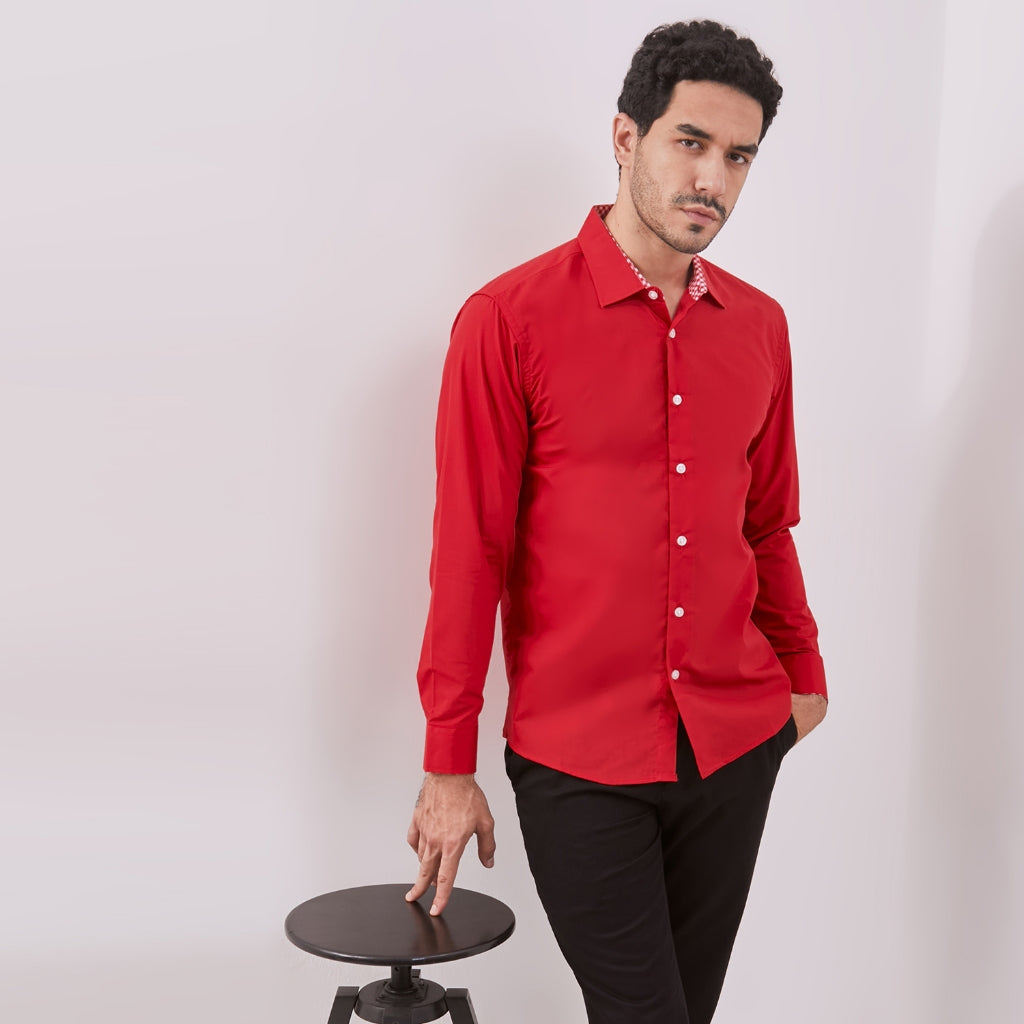 Odza Kemeja Merah Polos Pria Lengan Panjang Formal Slim Fit Modern
