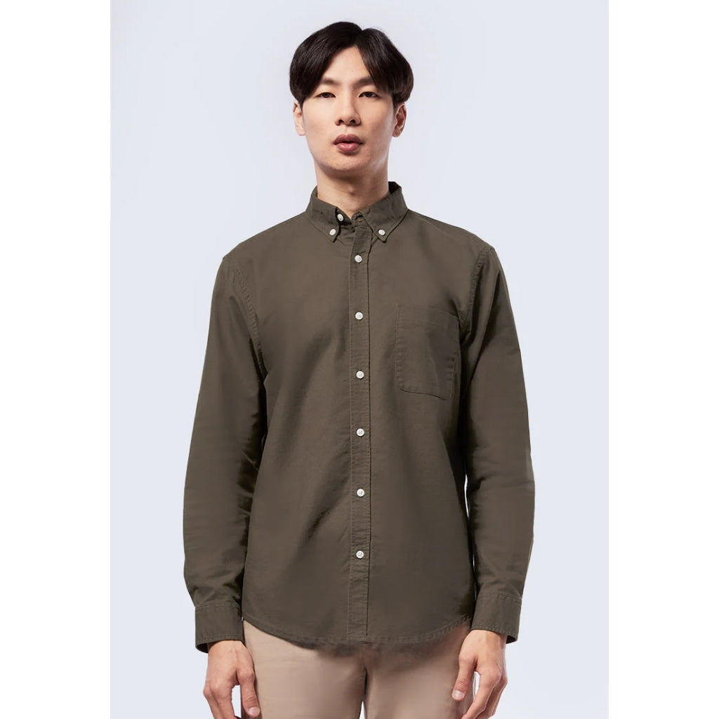 Odza Kemeja Kasual Polos Pria Lengan Panjang Katun Chambray Hijau