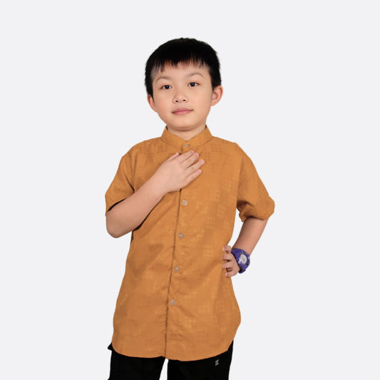Odza Baju Kemeja Imlek Kerah Shanghai Koko Anak Laki Lengan Pendek Vanhart 2-12 Tahun Kuning Mustard