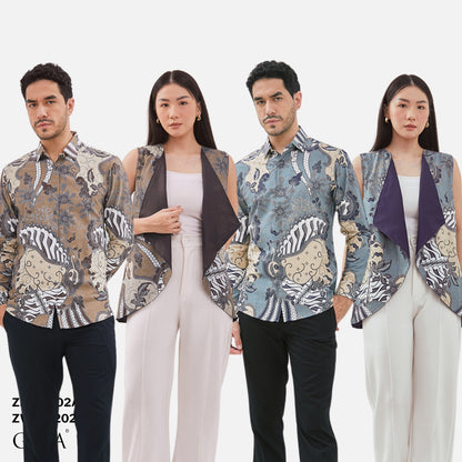 Odza Baju Couple Batik Pria Wanita Kemeja Lengan Panjang Outer Rompi Luaran Praduta