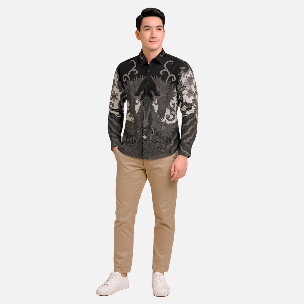 Odza Kemeja Rompi Batik Keluarga Baju Hem Couple Pria Wanita Pesta Pasangan Hitam Lengan Panjang Slim Fit Jumbo Allsize Grevisha