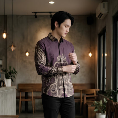 Odza Kemeja Batik Pria Slim Fit Lengan Panjang Katun Premium Baju Kerja Kondangan Priyatama Hitam Ungu