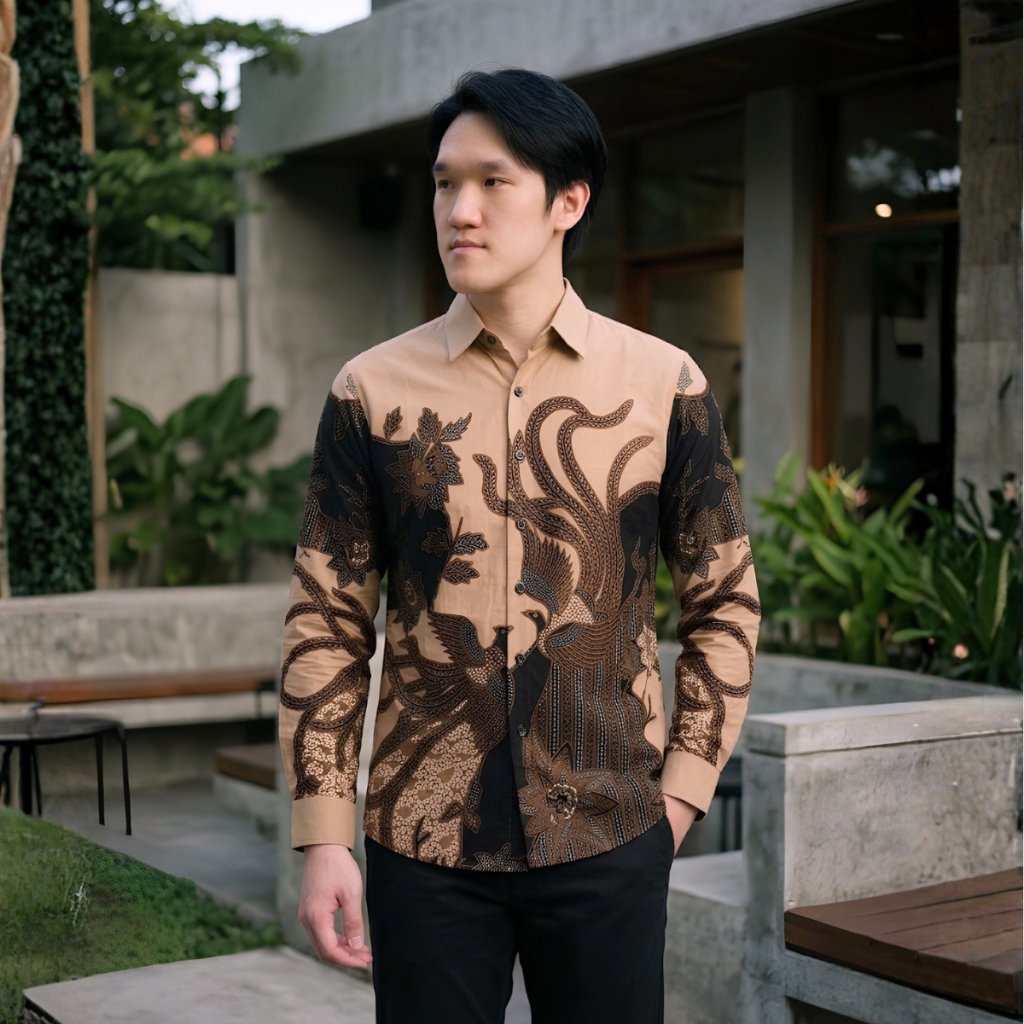 Odza Kemeja Batik Pria Slim Fit Lengan Panjang Katun Premium Baju Kerja Kondangan Modern Delangka Cream Hitam