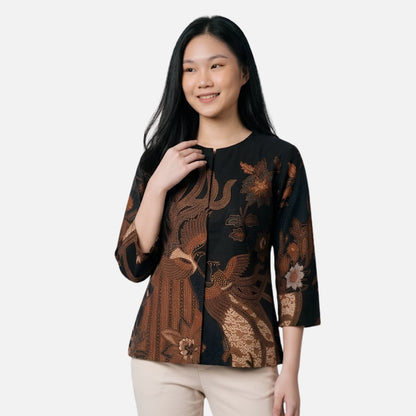 Odza Blouse Batik Wanita Lengan 7/8 Atasan Kemeja Kerja Kondangan Modern Katun Premium Adiraga Cream Hitam