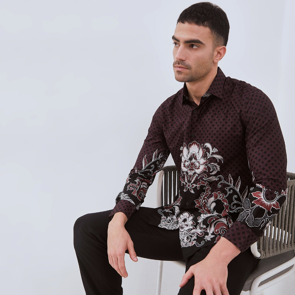 Set Kemeja Batik Couple Rok Lilit Kebaya Jumputan Pria Wanita Lengan Panjang Hitam Halmara