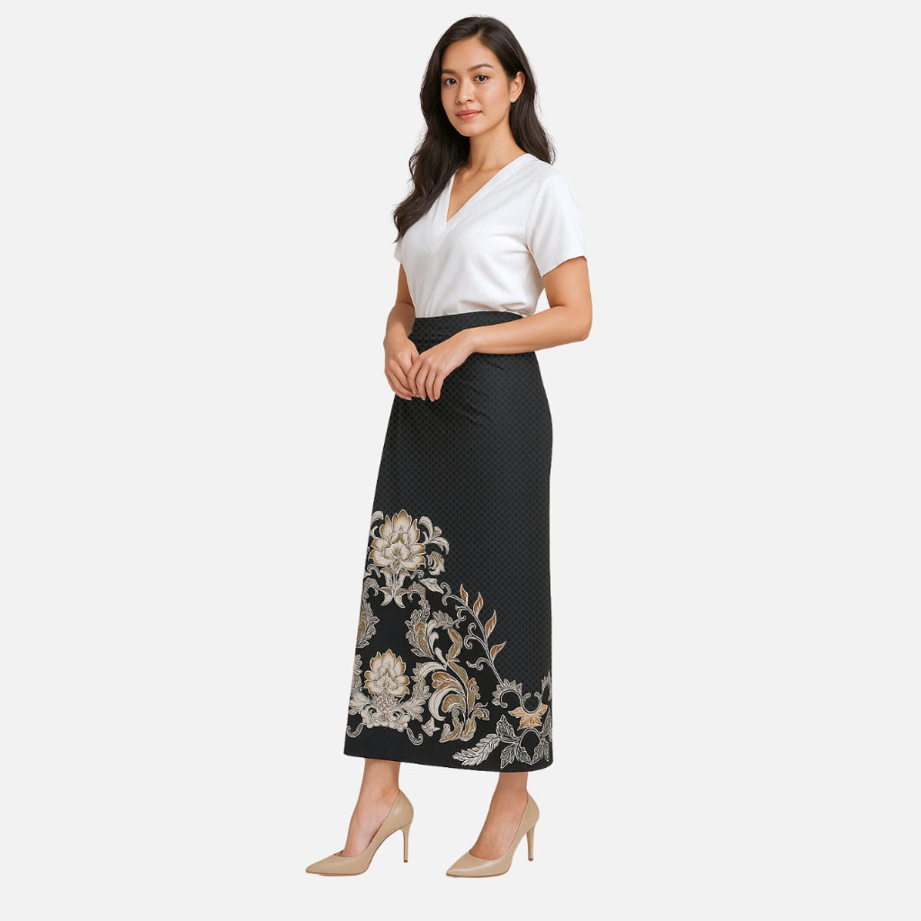 Set Kemeja Lengan Panjang Rok Lilit Couple Batik Kebaya Jumputan Pria Wanita Hitam Hanusa