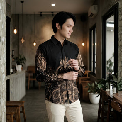 Odza Kemeja Batik Pria Slim Fit Lengan Panjang Katun Premium Baju Kerja Kondangan Rheyza Ungu Hitam