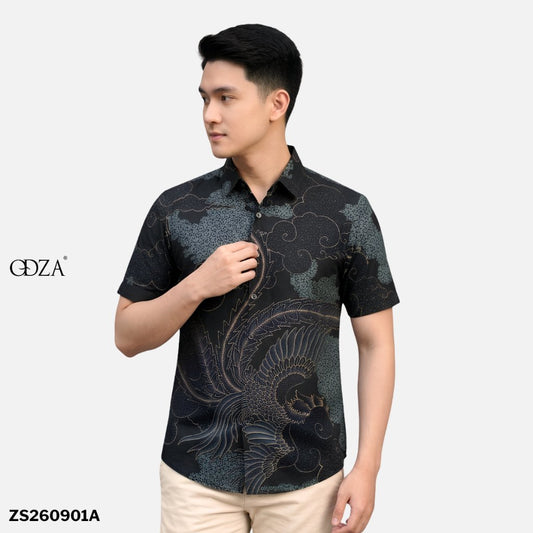 Odza Kemeja Batik Pria Slim Fit Lengan Pendek Katun Premium Baju Kerja Seragam Kantor Wirasana Hitam Hijau