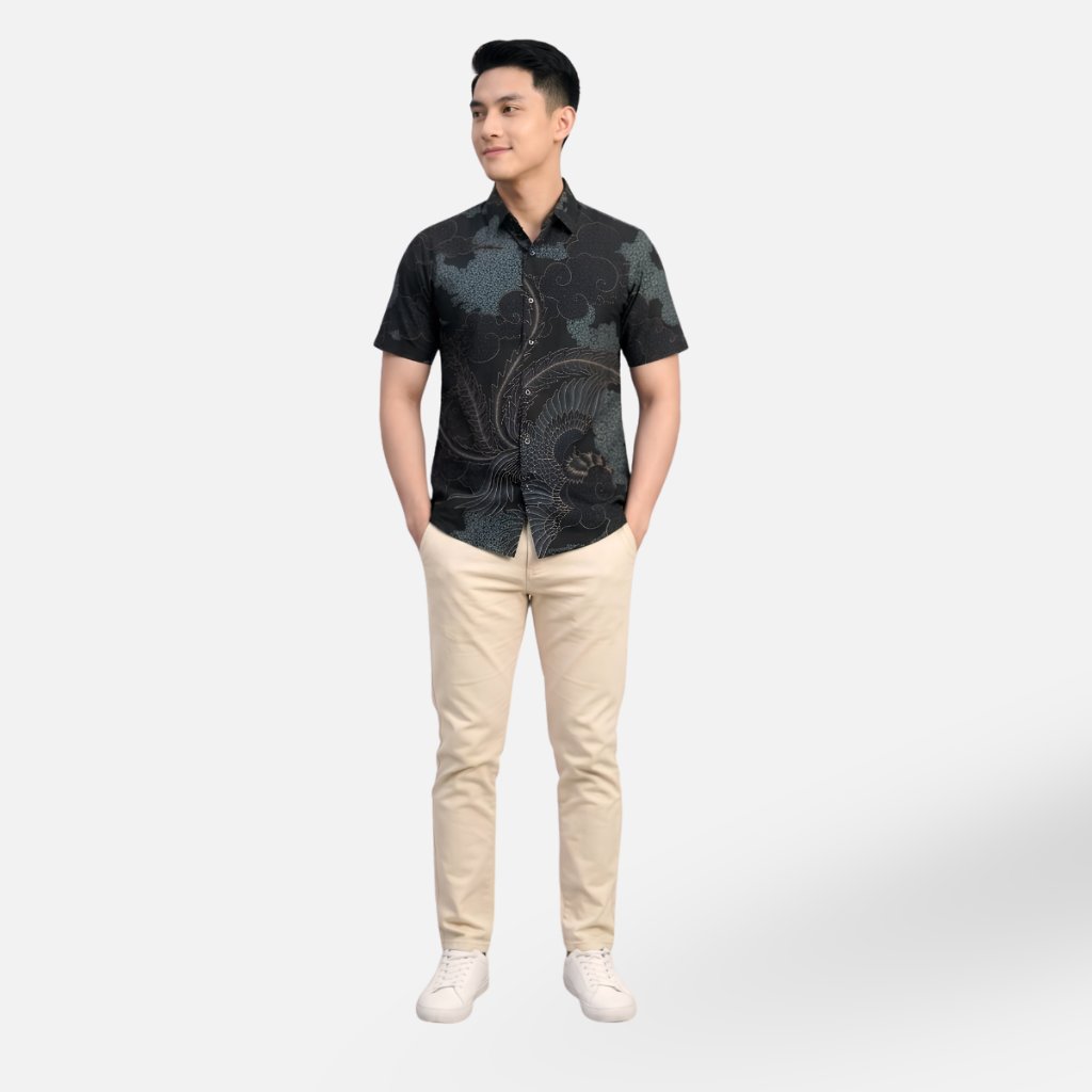 Odza Kemeja Batik Pria Slim Fit Lengan Pendek Katun Premium Baju Kerja Seragam Kantor Wirasana Hitam Hijau