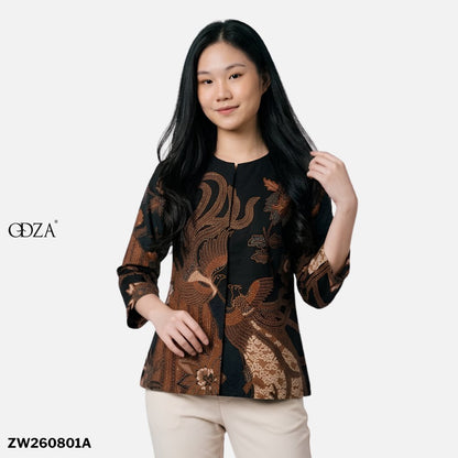 Odza Blouse Batik Wanita Lengan 7/8 Atasan Kemeja Kerja Kondangan Modern Katun Premium Adiraga Cream Hitam