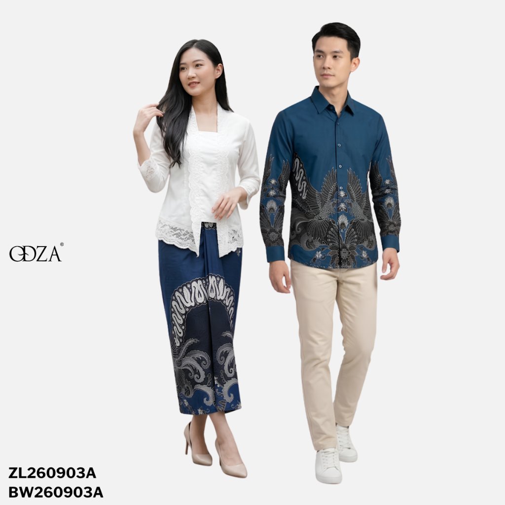 Odza Batik Couple Set Kemeja Pria Lengan Panjang Rok Lilit Wanita Katun Premium Kondangan Seragam Dutiara Biru
