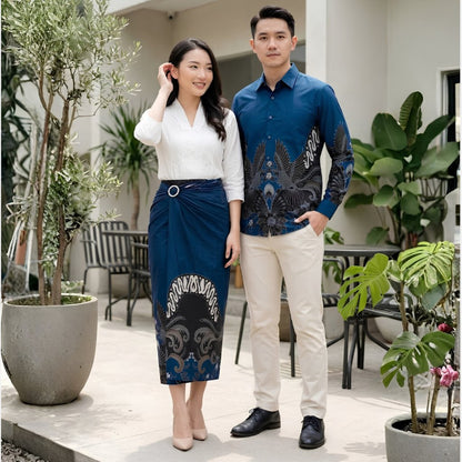 Odza Batik Couple Set Kemeja Pria Lengan Panjang Rok Lilit Wanita Katun Premium Kondangan Seragam Dutiara Biru