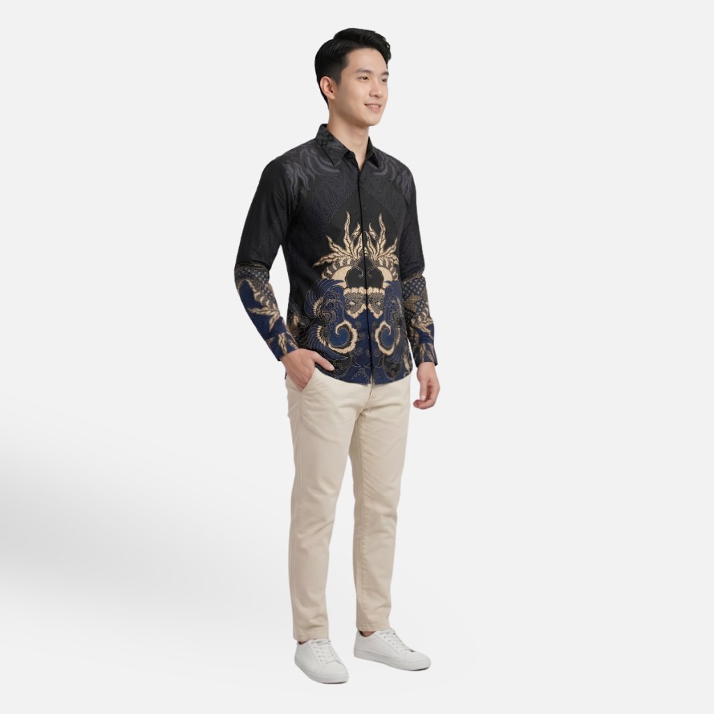 Odza Kemeja Batik Pria Slim Fit Lengan Panjang Katun Premium Baju Kerja Kondangan Modern Arisha Cream Hitam