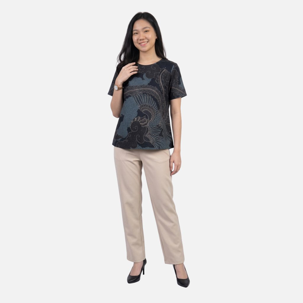 Odza Blouse Batik Wanita Lengan Pendek Atasan Kemeja Kerja Kondangan Modern Katun Premium Claura Hitam Hijau
