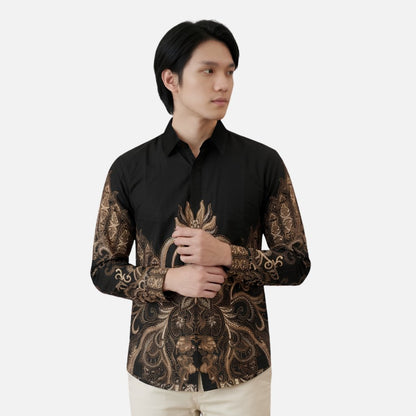 Odza Kemeja Batik Pria Slim Fit Lengan Panjang Katun Premium Baju Kerja Kondangan Priyatama Hitam Ungu