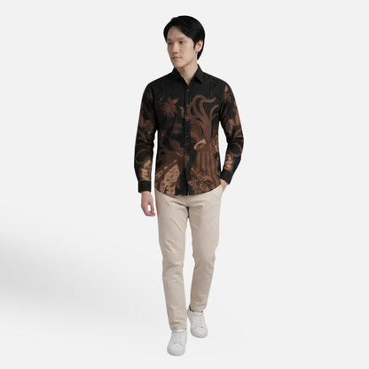 Odza Kemeja Batik Pria Slim Fit Lengan Panjang Katun Premium Baju Kerja Kondangan Modern Delangka Cream Hitam