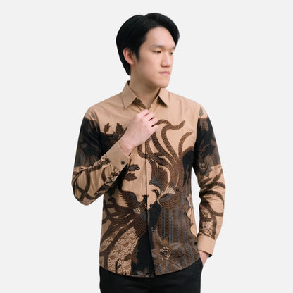 Odza Kemeja Batik Pria Slim Fit Lengan Panjang Katun Premium Baju Kerja Kondangan Modern Delangka Cream Hitam