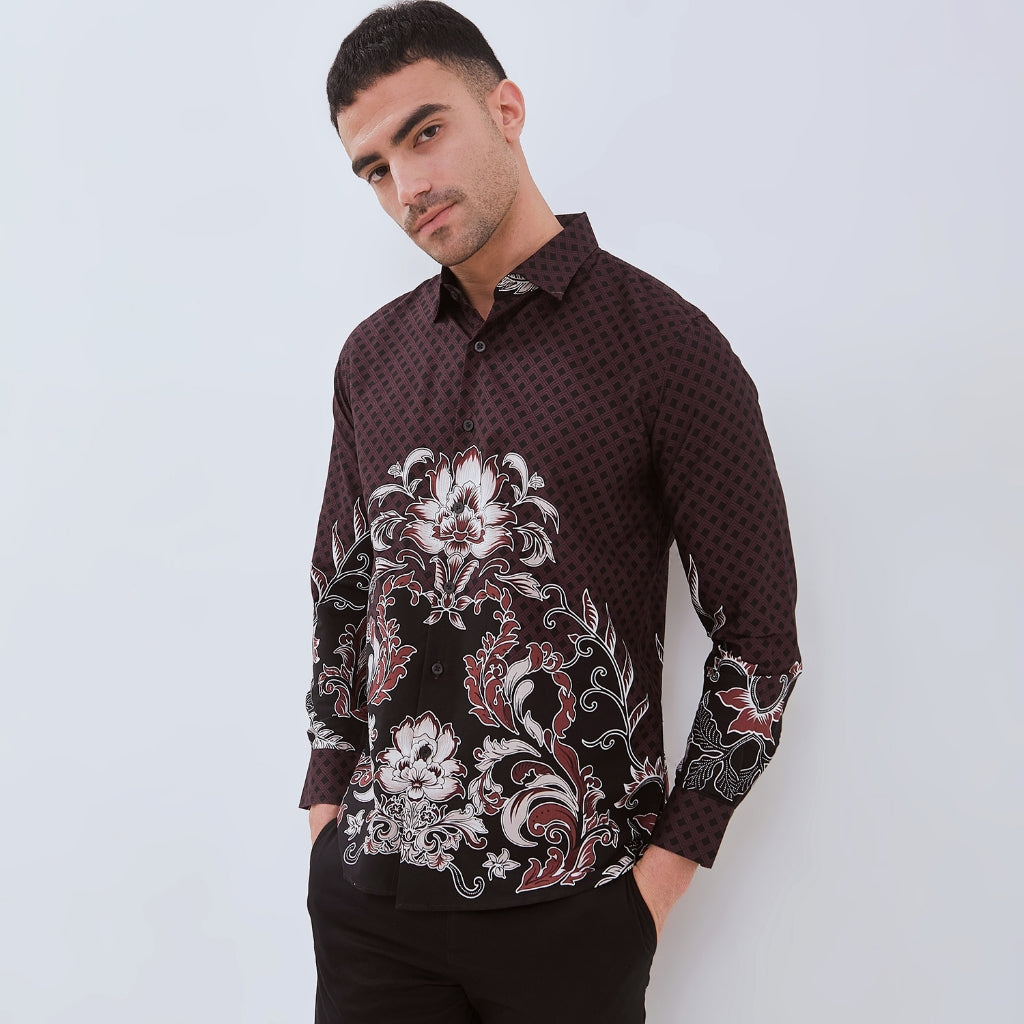 Set Kemeja Batik Couple Rok Lilit Kebaya Jumputan Pria Wanita Lengan Panjang Hitam Halmara